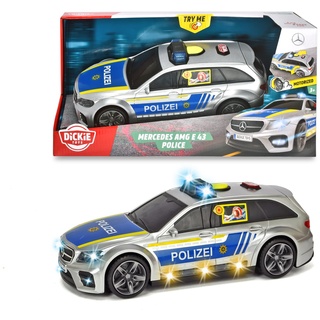 Dickie Toys Mercedes-AMG E43 Polizeiauto, Polizei, motor. Spielzeugauto, Heckklappe öffnet per Knopfdruck mit Hundegebell-Soundeffekt, inkl. Batterien, 30 cm, Silber/Blau