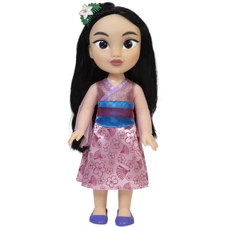 Disney Princess Mulan Puppe 35cm, reflektierende Glitzeraugen, bewegliche Gelenke, ausziehbares Outfit, Kamm, langes schwarzes Haar, für Mädchen ab 3 Jahren