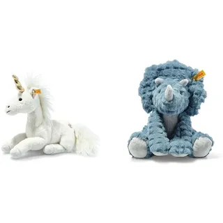 Steiff Unica Schlenker Einhorn weiß liegend 27 cm & Soft Cuddly Friends Dixi Triceratops Petrol 28 cm, Dinosaurier Kuscheltier aus kuschelweichem Plüsch