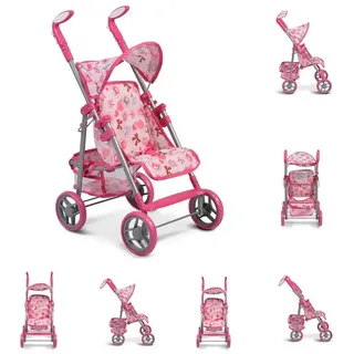 Moni Puppenbuggy Puppenwagen Flower Garden, Rückenlehne und Griffe verstellbar klappbar Korb rosa
