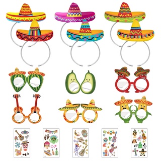 TIMJJG 12-teiliges mexikanisches Requisiten-Set, 5 Aufkleber, mexikanische Mottoparty, Make-up-Kostüm-Requisiten, dekorative Stirnbänder für Kinder, geeignet für Party-Dekoration, Maskerade