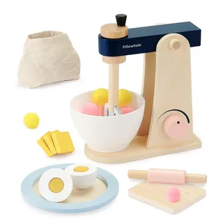 Pillowahle Kinderküche Zubehör, Holz Küchenmixer Set mit Spielzeug Lebensmittel, Kids Baking Set Stand Mixer, Kinder Backset Küchenmixer-Set für Jungen Und Mädchen Ab 3 Jahren