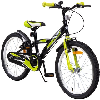 Actionbikes Kinderfahrrad Wasp 20 Zoll, Fahrradständer, Schutzbleche, verstellbar, V-Brake-Bremsen (Schwarz-Grün)