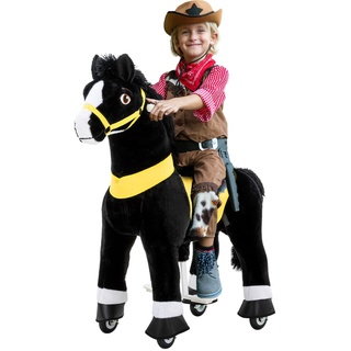 PonyCycle Black Beauty | 3 JAHRE GARANTIE - E-Serie Pferd - Schaukelpferd mit Handbremse - Kuscheltier - Spielpferd zum Reiten - Kinder Pony auf Rollen - Plüschtier - 4-8 Jahre