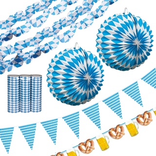 Volksfest Deko Bayern Set blau weiß | XXL Dekosets bayrisch | Wiesn Party Dekoration (Set 6 (2 Laternen, 4m Girlande, 8m Wimpelgirlande, Luftschlangen, 4m Brezel-Girlande))