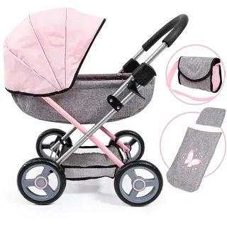 Bayer Design 12733AA Puppenwagen Cosy, zusammenklappbar, inklusive Tasche und Bettdecke, modern, Jeans-grau, rosa mit Schmetterling, 46cm