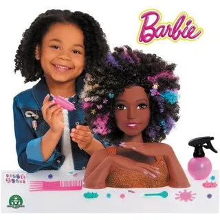 Barbie, Frisierkopf Affro Style, 27 Friseur-Accessoires inklusive, Sein Make-up wechselt die Farbe, Spielzeug für Kinder ab 3 Jahren, GIOCHI PREZIOSI, BAR34