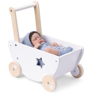 Navaris Puppenwagen aus Holz in Weiß - Kinder Baby Puppen Wagen Lauflernwagen - für Mädchen und Jungen - ab 18 Monate - Holzpuppenwagen mit Bettzeug