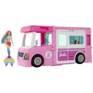 Barbie GHL93-3-in-1 Super Abenteuer-Camper mit Zubehör, Camping Wohnwagen für Puppen & GTF89 - Dreamtopia Regenbogenzauber Meerjungfrauen-Puppe mit Regenbogenhaaren und Farbwechsel-Funktion