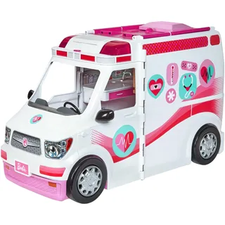 Barbie Krankenwagen, 2-in 1 inkl. aufklappbarem Krankenhaus-Spielset mit Licht und Geräuschen, 20x Barbie Zubehör wie Arztkoffer und Krücken, Spielzeug ab 3 Jahren, FRM19