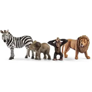 SCHLEICH 42387 Wild Life Starter-Set, Löwe, Zebra, Elefantenbaby, Schimpansenjunges