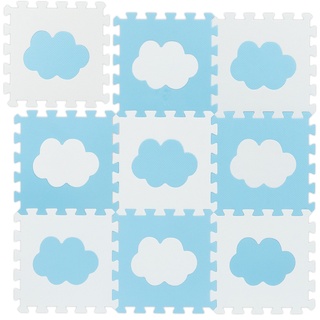 Relaxdays Puzzlematte Wolken-Muster, 18 Puzzleteile, aus schadstofffreiem EVA-Schaumstoff, BxT: 91,5 x 91,5 cm, weiß/blau