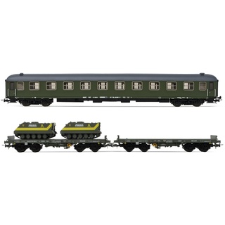 RENFE Waggon-Set, 3-teilig, 12000 und 2 x PMM (1 x beladen mit Panzer, 1 x leer), olivgrüne Militär-Lackierung, Periode V, Verschieden