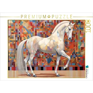 CALVENDO Puzzle Silberweiße Eleganz - Edles weißes Pferd vor Mosaik Hintergrund | 1000 Teile Lege-Größe 64 x 48 cm Foto-Puzzle für glückliche Stunden