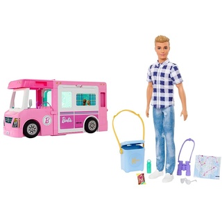 Barbie GHL93 - 3-in-1 Super Abenteuer-Camper, ca. 91 cm & HHR66 Doppelpack Ken Camping-Puppe in Karohemd, Jeans und weißen Sneakern, mit Camping-Zubehör, Spielzeug für Kinder ab 3 Jahren