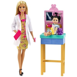 Mattel GmbH Stehpuppe Barbie Kinderärztin Set Puppe mit Kind und Zubehör (1-tlg), mit Kittel, Kleid, Schuhen, Stethoskop, Spritze und Klemmbrett
