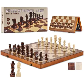 VEVOR Magnetisches Schachspiel aus Holz, 2-in-1 Schach-Dame-Spielset, Klappbare Schachbrettspiele für Erwachsene & Kinder, Tragbares Reisegeschenk-Schachspiel für Turniere, Professionelle Anfänger