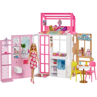Barbie HCD48 - Puppenhaus-Spielset mit Puppe & Haus mit 2 Ebenen & 4 Spielbereichen, komplett eingerichtet, mit Haustier und Zubehör, Spielzeug Geschenk für Kinder ab 3 Jahren