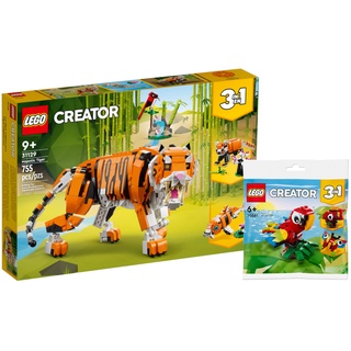 Lego Creator 3-in-1 Set: Majestätischer Tiger 31129 + Tropischer Papagei 30581(Polybag), für Kinder ab 9 Jahren