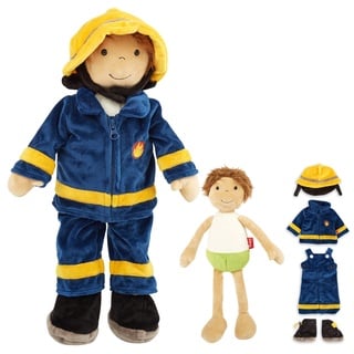 SIGIKID 42859 Lernpuppe Feuerwehrmann, Plüsch Anziehpuppe, Kleidung an-&ausziehen: Knöpfe, Klett, Reißverschluss: spielen, lernen, kuscheln - für Kinder ab 12 Monaten, Mehrfarbig/Feuerwehrmann 45 cm