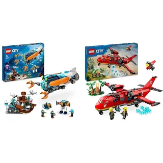 LEGO City Forscher-U-Boot Spielzeug, Unterwasser-Set & City Löschflugzeug, Feuerwehr-Set mit Flugzeug-Spielzeug