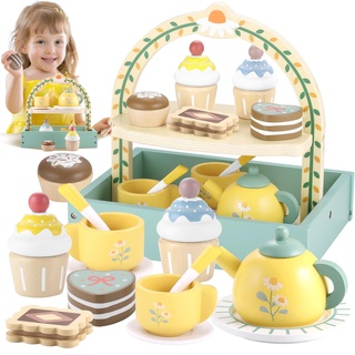 GAGAKU Teeservice Kinder Teeset aus Holz mit Dessertstand Teeparty Spielküche Rollenspiele Kinderküche Zubehör Küchenspiele Holz Geschenk für 3+ Jahre