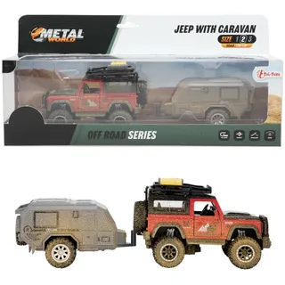 Toi-Toys 21452A - Metal World Spielzeugauto - Jeep 4x4 mit Wohnwagen und Rückzugsfunktion Wohnmobil