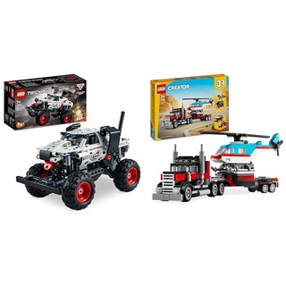 LEGO Technic Monster Jam Monster Mutt Dalmatian, Monster Truck-Spielzeug & Creator 3in1 Tieflader mit Hubschrauber, Fahrzeuge-Set mit Helikopter- und LKW-Spielzeug