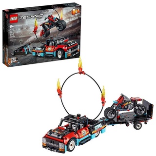 LEGO 42106 Technic Stunt-Show mit Truck und Motorrad Spielzeug für Kinder, 2-in-1 Modell, LKW mit Rückziehmotor und Anhänger