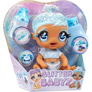 Glitter Babyz 574859EUC January Snowflake Baby Puppe-Mit 3 magischen Farbwechseln, blauen Haaren und einem Winter-Outfit-Inklusive Windel, Flasche und Schnuller-Sammelspielzeug für Kinder ab 3 Jahren
