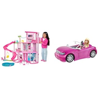 BARBIE - Traumvilla & Puppe und Cabrio in rosa mit Glitzer, realistische Reifen und Barbie Logo, Spielzeug ab 3 Jahren, DJR55