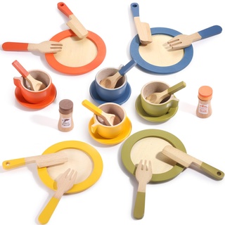 GAGAKU Holzspielzeug Teller und Untertassen für Küche Set, Küchenspielzeug für Mädchen und Jungen, Holzspielzeug für Küche Zubehör