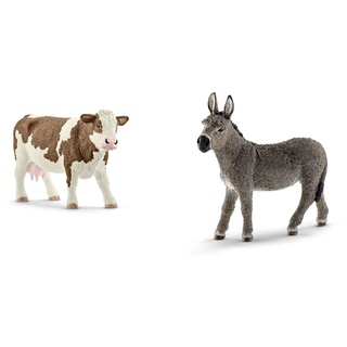 SCHLEICH 13801 Fleckvieh-Kuh, für Kinder ab 3+ Jahren, Farm World - Spielfigur & 13772 Esel, für Kinder ab 3+ Jahren, Farm World - Spielfigur