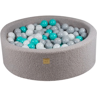 MEOWBABY Bällebad Baby - Rund 90x30cm Ballgruben für Kinder mit 200 Bälle, Boucle, Grau: Weiß/Grau/Türkis