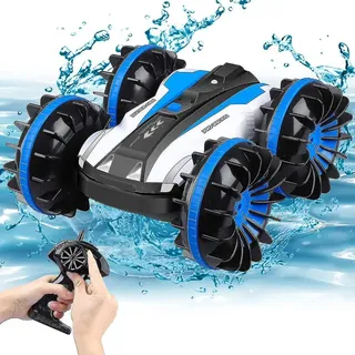 4WD Ferngesteuertes Auto 2.4Ghz 1/18 Wasserdicht RC Stunt Auto Mit 50m Fernbedienung 360 °Drehung Off Road Amphibisch Offroad Wiederaufladbar Blau - Blau