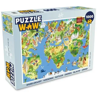 MuchoWow Puzzle Weltkarte - Kinder - Natur - Tiere - Blau - Grün, 1000 Puzzleteile, Foto-Puzzle, Bilderrätsel, Puzzlespiele, Klassisch bunt