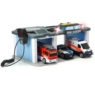 Dickie Toys SOS Rettungsstation mit Polizei, Feuerwehr und Krankenwagen, Station mit Licht & Sound, Mikrofon mit Lautsprecherfunktion, Tore zum Öffnen, inkl. Batterien, 31x22x16 cm, Blue