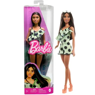 Barbie HPF76 - Kinderspielzeuge und Geschenke, braunhaarig mit gepunktetem Jumpsuit, Fashionistas, Kleidung und Zubehör, ab 3 Jahren