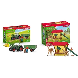 SCHLEICH 42608 Traktor mit Anhänger , ab 3 Jahren, Farm World - Spielset, 50 Teile & 42658 Fütterung der Waldtiere, ab 3 Jahren, Farm World - Spielset, 39 Teile