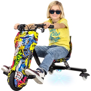Elektro-Drift-Trike 360, Drift-Scooter für Kinder, 250 Watt, 36 Volt, bis zu 15km/h, LED-Beleuchtung (Gelb Graffiti)