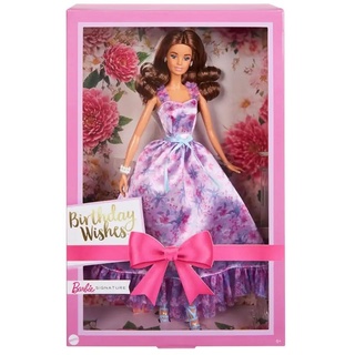 Barbie Signature Birthday Wishes-Puppe, Sammelfigur mit seidigem fliederfarbenen Kleid, braunem welligen Haar, Geschenkverpackung, HRM54