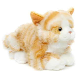 Uni-Toys Kuscheltier Katze, liegend - versch. Fellfarben - Länge 20 cm - Plüsch, Plüschtier, zu 100 % recyceltes Füllmaterial braun