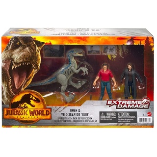 Mattel GWN25 - Jurassic World - Extreme Damage - Owen & Velociraptor 'Blue', Spielfiguren Set, 3er-Pack
