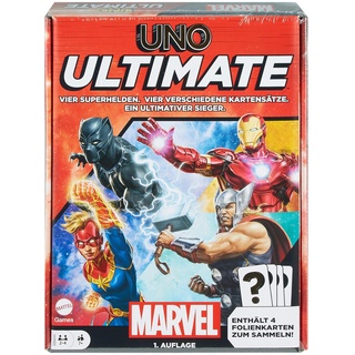 UNO Ultimate Marvel - Kartenspiel, Superhelden-Design, Captain Marvel, Iron Man, Black Panther, Thor, Spezialregeln, Gefahrenkarten, Sammelfolienkarten, ab 7 Jahren, HVM25