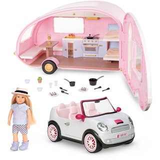 Lori Wohnwagen, Auto und 15 cm Puppe Eliza Set mit Zubehör – Glamping mit Puppenzubehör, Cabrio, Kochutensilien, Bettzeug und mehr – Puppenhaus Spielzeug für Kinder ab 3 Jahre (36 Teile)