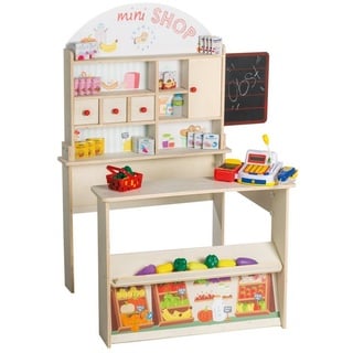 roba® Kaufladen Verkaufsstand, mit Theke, Tafel, Schiebetür & Markststand Bedruckung beige