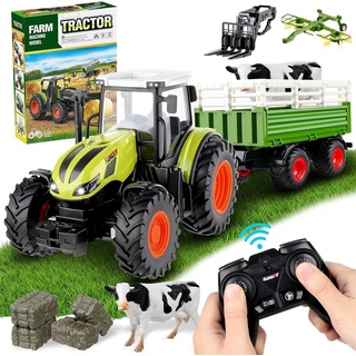 Esun RC-Traktor Ferngesteuerter Traktor Spielzeug, 3 in 1 RC Traktor für Kinder (Komplettset), 1:24 Bauernhof Spielzeug ab 2 3 Jahre grün