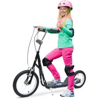 HOMCOM Kinderroller 16 Zoll Scooter Tretroller mit Bremsen für Kinder ab 5 Jahren, Kickboard Schwarz 135x58x92-100 cm   Aosom.de