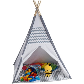 Relaxdays 10035300 Tipi Zelt für Kinder, mit Boden, Kinderzimmer Zelt, Wigwam Kinderzelt, HxBxT: 150 x 120 x 120 cm, weiß-grau