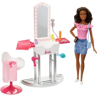 Mattel Barbie FJB37 Deluxe-Set Möbel Salon und Puppe (Brünett)